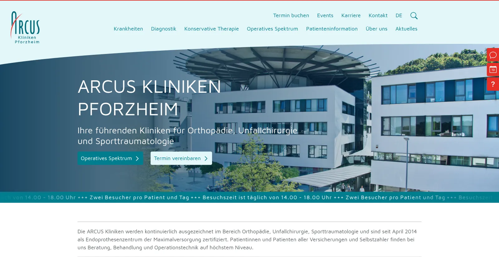 Screenshot der Website ARCUS Kliniken Pforzheim